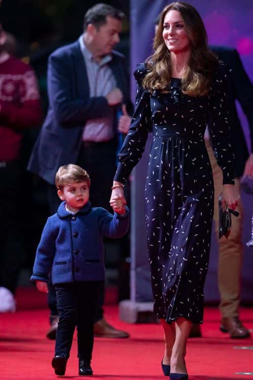 Catherine, Duchess of Cambridge and Prince Louis attend a special pantomime performance at London's Palladium Theatre, hosted by The National Lottery, to thank key workers and their families for their efforts throughout the pandemic on December 11, 2020 in London, England.