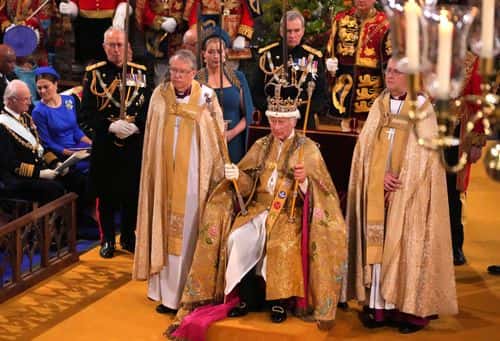 King Charles III after being crowned with the St Edward's Crown by The Archbishop of Canterbury the Most Reverend Justin Welby during his coronation ceremony in Westminster Abbey on May 6, 2023 in London, England. The Coronation of Charles III and his wife, Camilla, as King and Queen of the United Kingdom of Great Britain and Northern Ireland, and the other Commonwealth realms takes place at Westminster Abbey today. Charles acceded to the throne on 8 September 2022, upon the death of his mother, Elizabeth II.