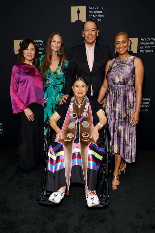 (L-R) Janet Yang, Motion Picture Academy President, Heather Rae, Bird Runningwater, co-chair of the Academy’s Indigenous Alliance Jacqueline Stewart, Director and President, Academy Museum of Motion Pictures, and  Sacheen Littlefeather (born Marie Louise Cruz, 1946 - 2022, front) attend AMPAS Presents An Evening with Sacheen Littlefeather at Academy Museum of Motion Pictures on September 17, 2022 in Los Angeles, California.