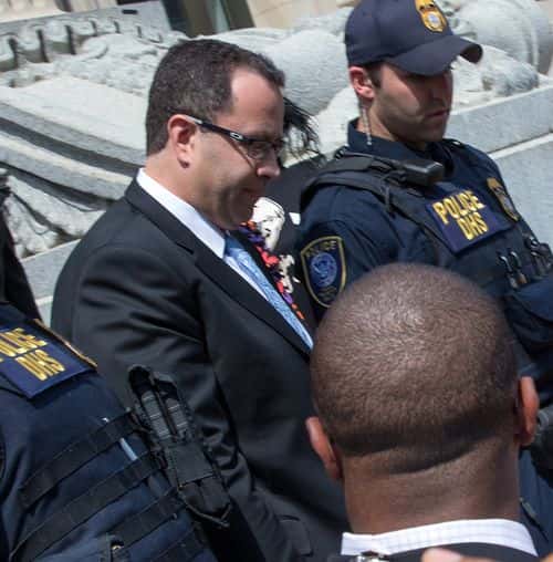 Jared Fogle leaves the courthouse on August 19, 2015 in Indianapolis, Indiana.  Fogle was part of a Federal Investigation which included a raid of his home in July 2015.