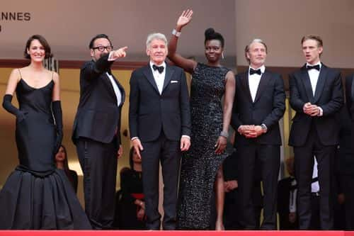 (L-R) Phoebe Waller-Bridge, Director James Mangold, Harrison Ford, Shaunette Renée Wilson, Mads Mikkelsen and Boyd Holbrook attend the 