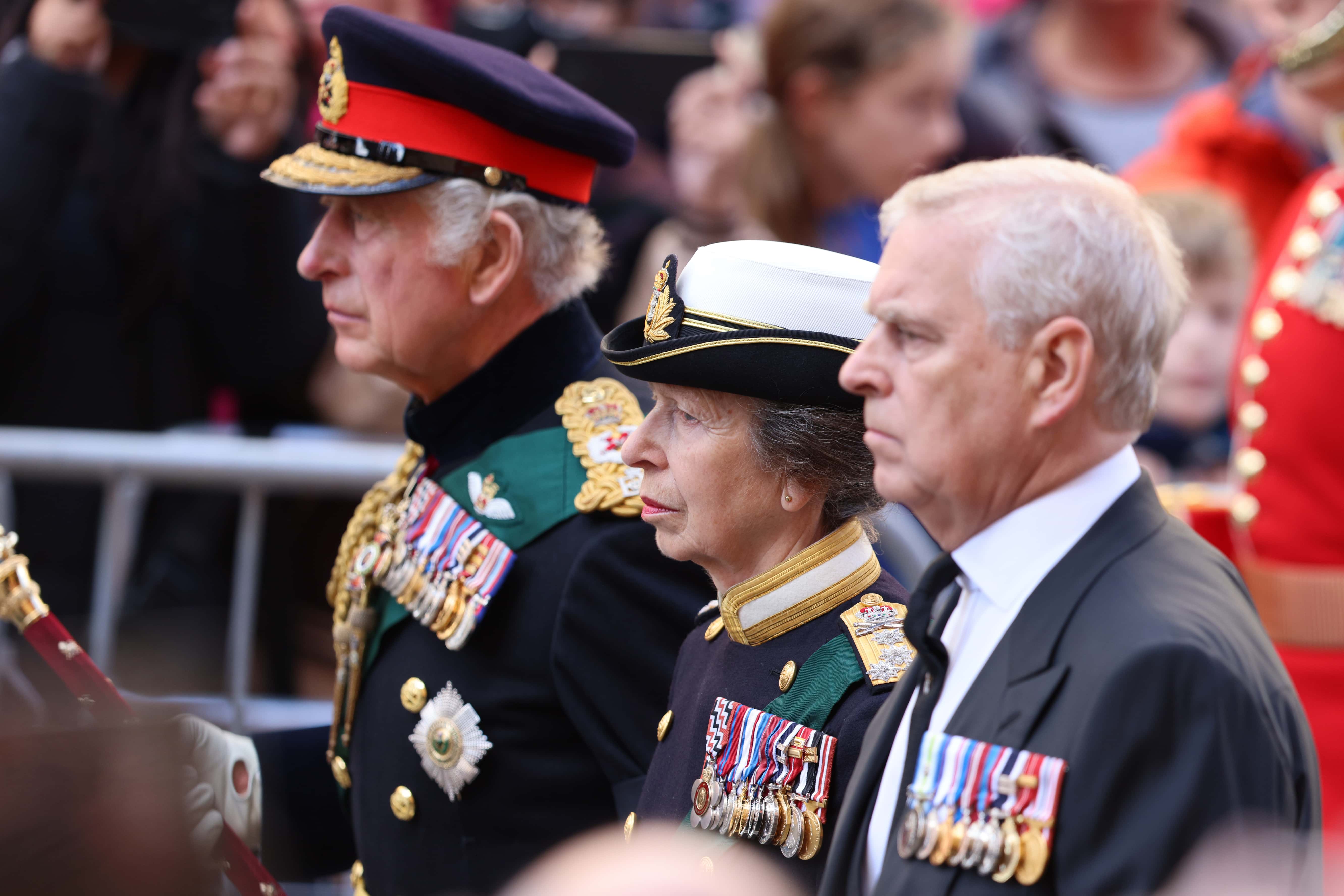 King Charles III, Princess Anne, Princess Royal and Prince Andrew, Duke of York walk behind Queen Elizabeth II's Coffin as it heads to St Giles Cathedral, after making its way along The Royal Mile on September 12, 2022 in Edinburgh, Scotland. King Charles III joins the procession accompanying Her Majesty The Queen's coffin from the Palace of Holyroodhouse along the Royal Mile to St Giles Cathedral. The King and The Queen Consort, accompanied by other Members of the Royal Family also attend a Service of Prayer and Reflection for the Life of The Queen where it lies in rest for 24 hours before being transferred by air to London.