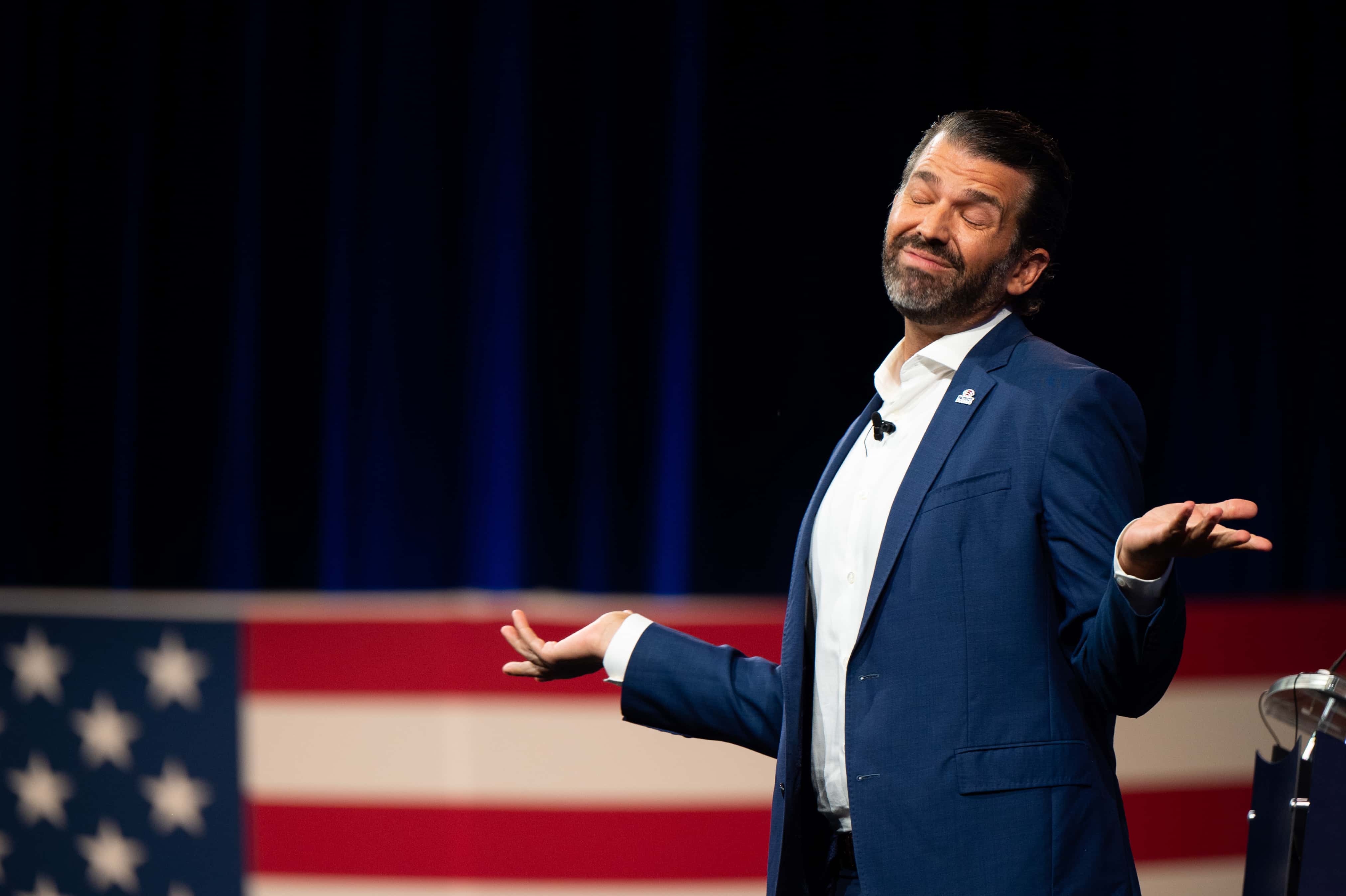 Donald Trump Jr. speaks during the Conservative Political Action Conference CPAC held at the Hilton Anatole on July 09, 2021 in Dallas, Texas. CPAC began in 1974, and is a conference that brings together and hosts conservative organizations, activists, and world leaders in discussing current events and future political agendas.