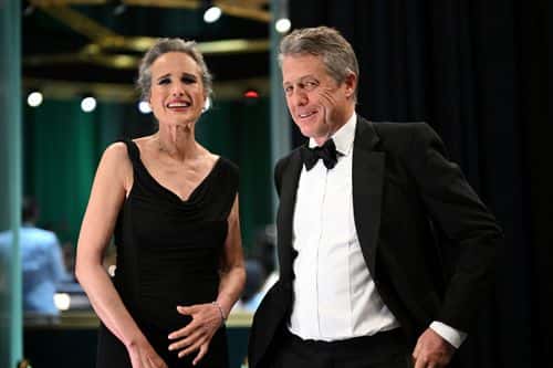 In this handout photo provided by A.M.P.A.S., Andie MacDowell and Hugh Grant are seen backstage during the 95th Annual Academy Awards on March 12, 2023 in Hollywood, California.