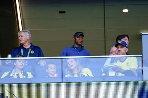 Nashville SC minority owner Reese Witherspoon (2nd from right,) with her sons Deacon Phillippe, Tennessee Toth and her husband Jim Toth, attends the Inaugural home opener game between the Philadelphia Union and Nashville SC at GEODIS park on May 01, 2022 in Nashville, Tennessee.