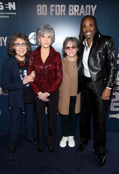 (L-R) Lily Tomlin, Jane Fonda, Sally Field, and Billy Porter attend a Luncheon & Panel in support of Paramount Pictures’ “80 For Brady” at Wallis Annenberg GenSpace on January 30, 2023 in Los Angeles, California.