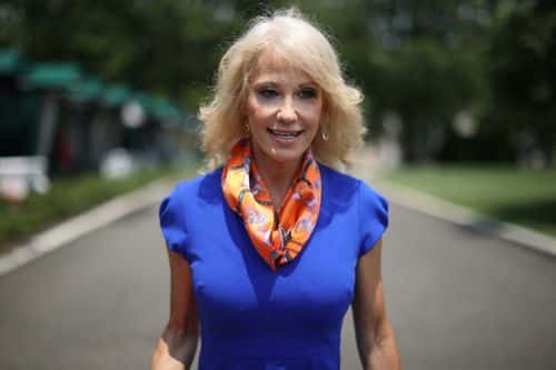 Kellyanne Conway, counselor to President Donald Trump, walks back into the West Wing following an interview with FOX outside the White House July 07, 2020 in Washington, DC. In response to the forthcoming book by the president's niece, Mary Trump, Conway said, 'Family matters should be family matters. I think the thin-skinned, troubled, living-in-glass-house, mainstream media members who think people's families are their business ought to really think thrice the next time they do that.'