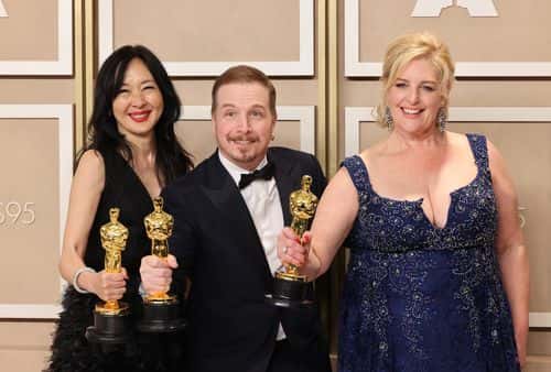 Judy Chin, Adrien Morot, and Annemarie Bradley, winner of Best Makeup and Hairstyling award for ’The Whale’ pose in the press room during the 95th Annual Academy Awards at Ovation Hollywood on March 12, 2023 in Hollywood, California.