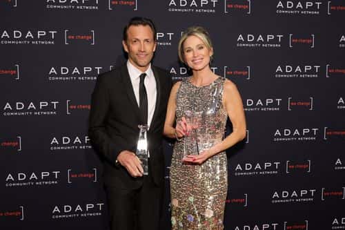 2022 ADAPT Leadership Award honorees Andrew Shue and Amy Robach poses with their awards during the 2022 ADAPT Leadership Awards at Cipriani 42nd Street on March 10, 2022 in New York City.