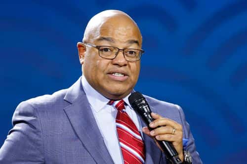 Sportscaster Mike Tirico hosts the Golden Goggle Awards at Faena Forum Miami Beach on December 07, 2021 in Miami Beach, Florida.
