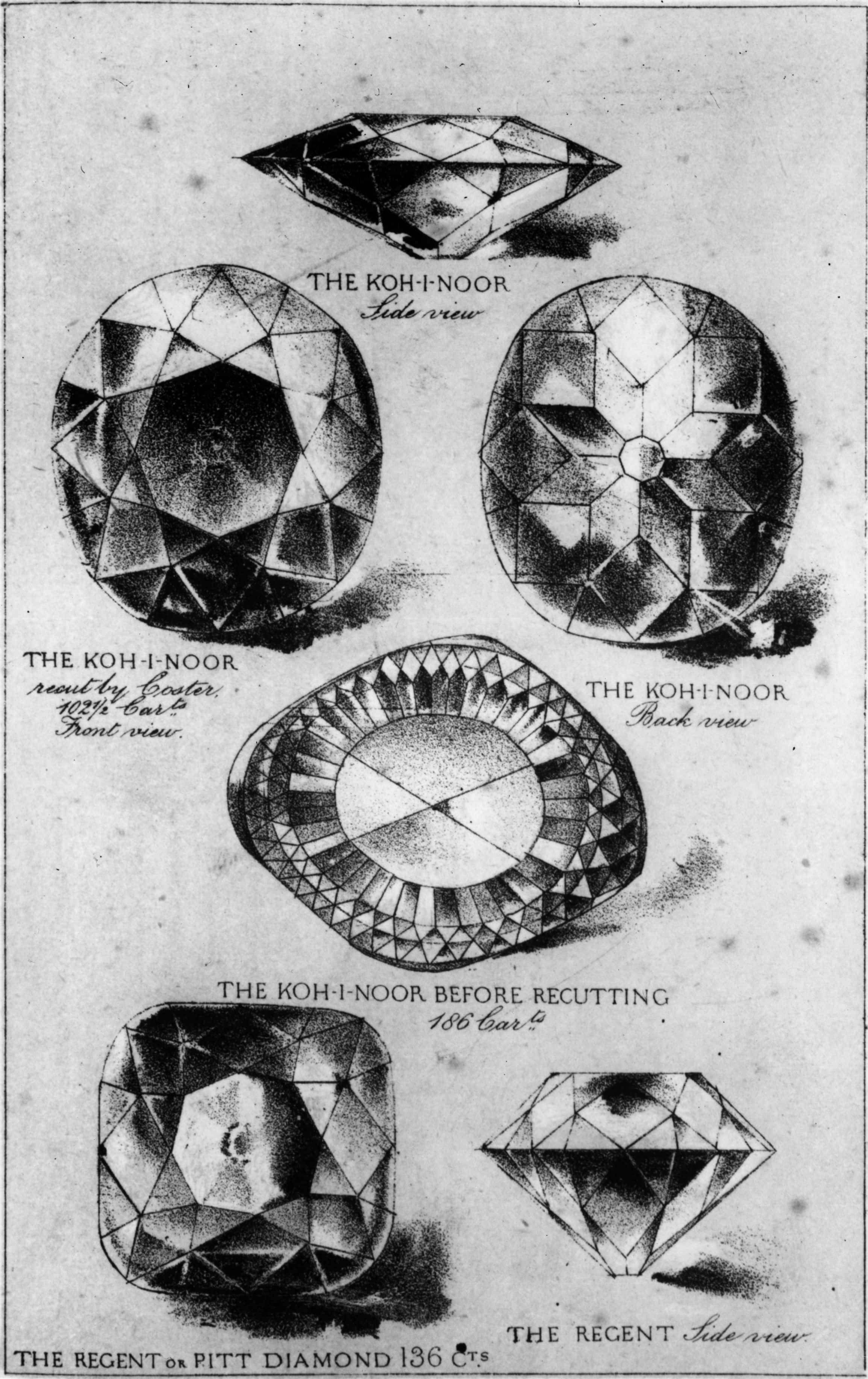 The Koh-i-Noor and Regent or Pitt diamonds seen from different angles.
