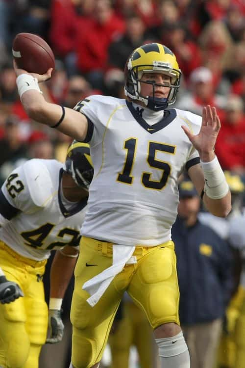 Ryan Mallett #15 of the Michigan Wolverines faes back to pass during the game against the Wisconsin Badgers at Camp Randall Stadium on November 10, 2007 in Madison, Wisconsin.