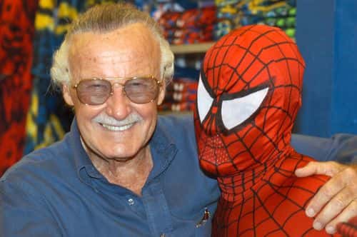Creator Stan Lee (L) poses with Spider-Man during the Spider-Man 40th Birthday celebration at Universal Studios on August 13, 2002 in Universal City, California.
