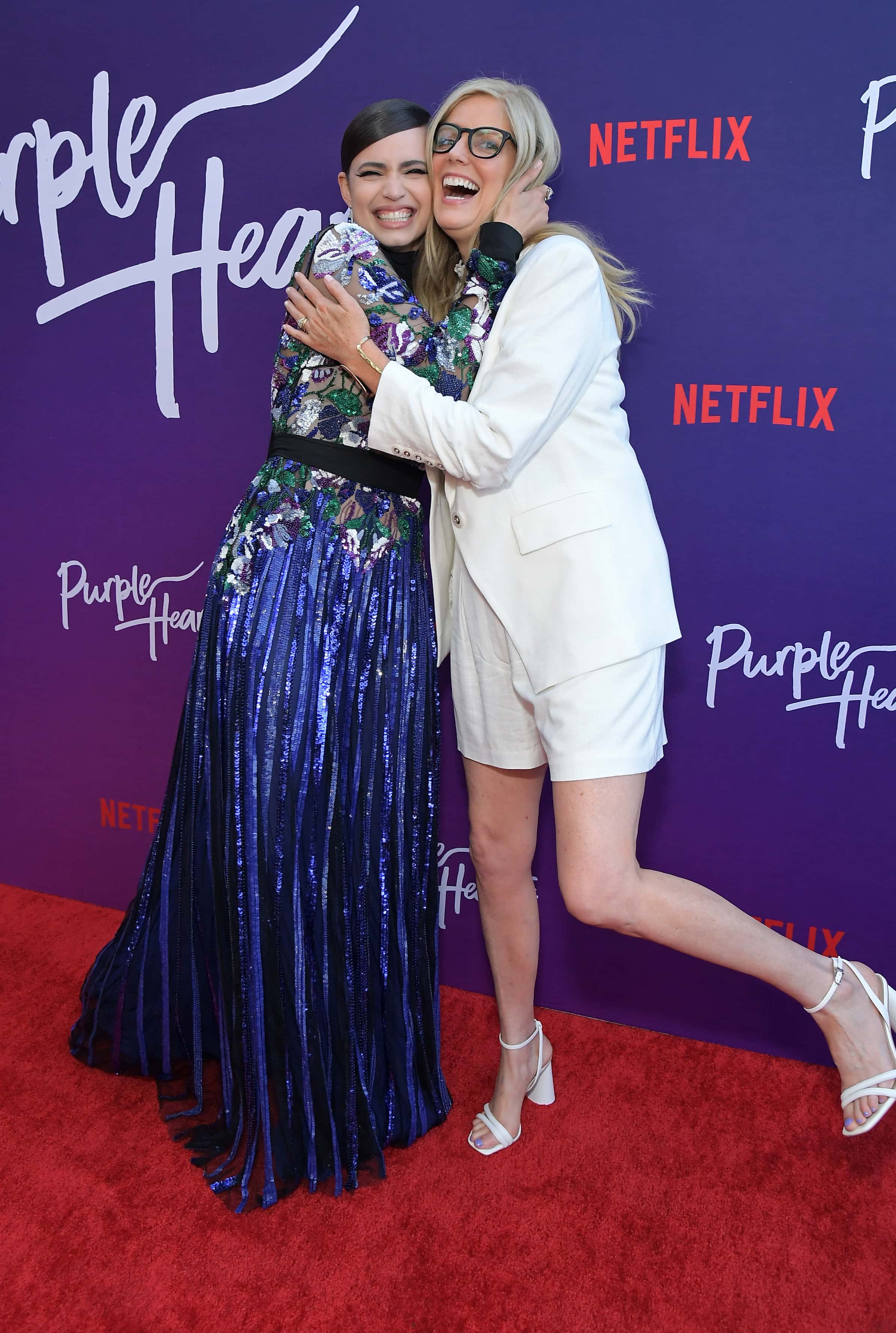 (L-R) Sofia Carson and Elizabeth Allen Rosenbaum attend Netflix Purple Hearts special screening at The Bay Theater on July 22, 2022 in Pacific Palisades, California.