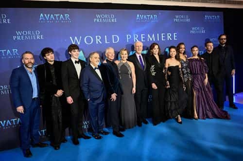 (L-R) Brendan Cowell, Jamie Flatters, Jack Champion, Jon Landau, Stephen Lang, Kate Winslet, James Cameron, Sigourney Weaver, Trinity Jo-Li Bliss, Zoe Saldana, Bailey Bass, Sam Worthington and Joel David Moore attend the world premiere of James Cameron's