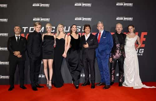 (L-R) Esai Morales, Cary Elwes, Pom Klementieff, Vanessa Kirby, Hayley Atwell, Tom Cruise, Christopher McQuarrie, Simon Pegg and Rebecca Ferguson attending the UK Premiere of 