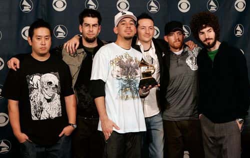 The group Linkin Park poses with their award in the press room at the 48th Annual Grammy Awards at the Staples Center on February 8, 2006 in Los Angeles, California.