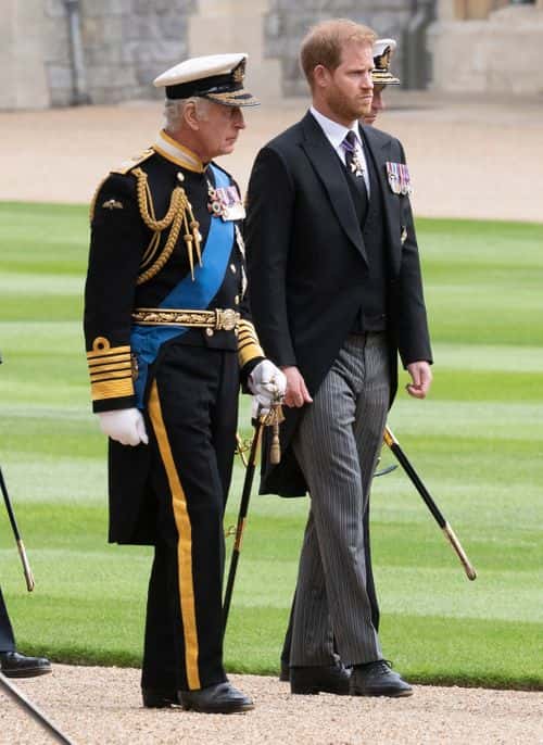 King Charles III and Prince Harry, Duke of Sussex inside Windsor Castle on September 19, 2022 in Windsor, England. The committal service at St George's Chapel, Windsor Castle, took place following the state funeral at Westminster Abbey. A private burial in The King George VI Memorial Chapel followed. Queen Elizabeth II died at Balmoral Castle in Scotland on September 8, 2022, and is succeeded by her eldest son, King Charles III.