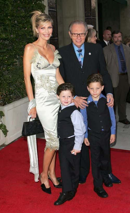 Television personality Larry King (R) arrives with his wife Shawn Southwick and sons Chance (bottom right) and Cannon (bottom left) at the 20th Anniversary Celebration of Larry King Live at Spago on October 6, 2005 in Los Angeles, California.