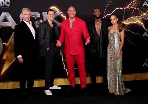 (L-R) Pierce Brosnan, Noah Centineo, Dwayne Johnson, Aldis Hodge and Quintessa Swindell attend DC's