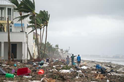 People walk along the beach looking at property damaged by Hurricane Ian on September 29, 2022 in Bonita Springs, Florida. The storm made a U.S. landfall on Cayo Costa, Florida, and brought high winds, storm surges, and rain to the area causing severe damage.