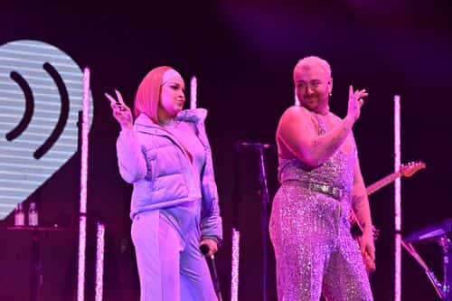 Kim Petras and Sam Smith perform onstage at iHeartRadio Power 96.1’s Jingle Ball 2022 Presented by Capital One at State Farm Arena on December 15, 2022 in Atlanta, Georgia.